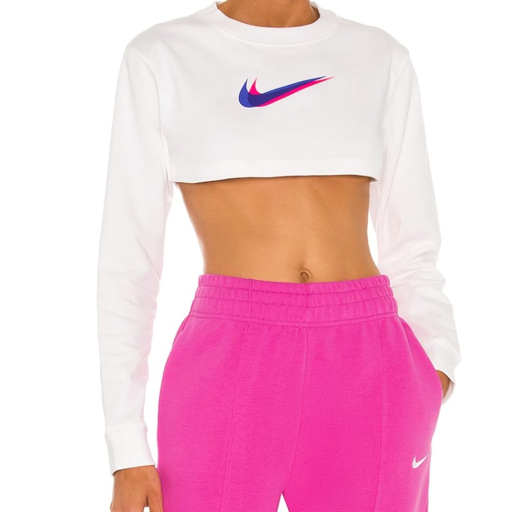 NIKE Long Sleeve Super Crop Tee XS White with Swoosh